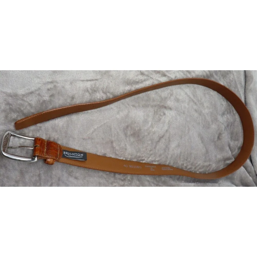Vintage Brighton Unisex Brown Leather Silver Buckle Croc Embossed Belt‎ Size 40